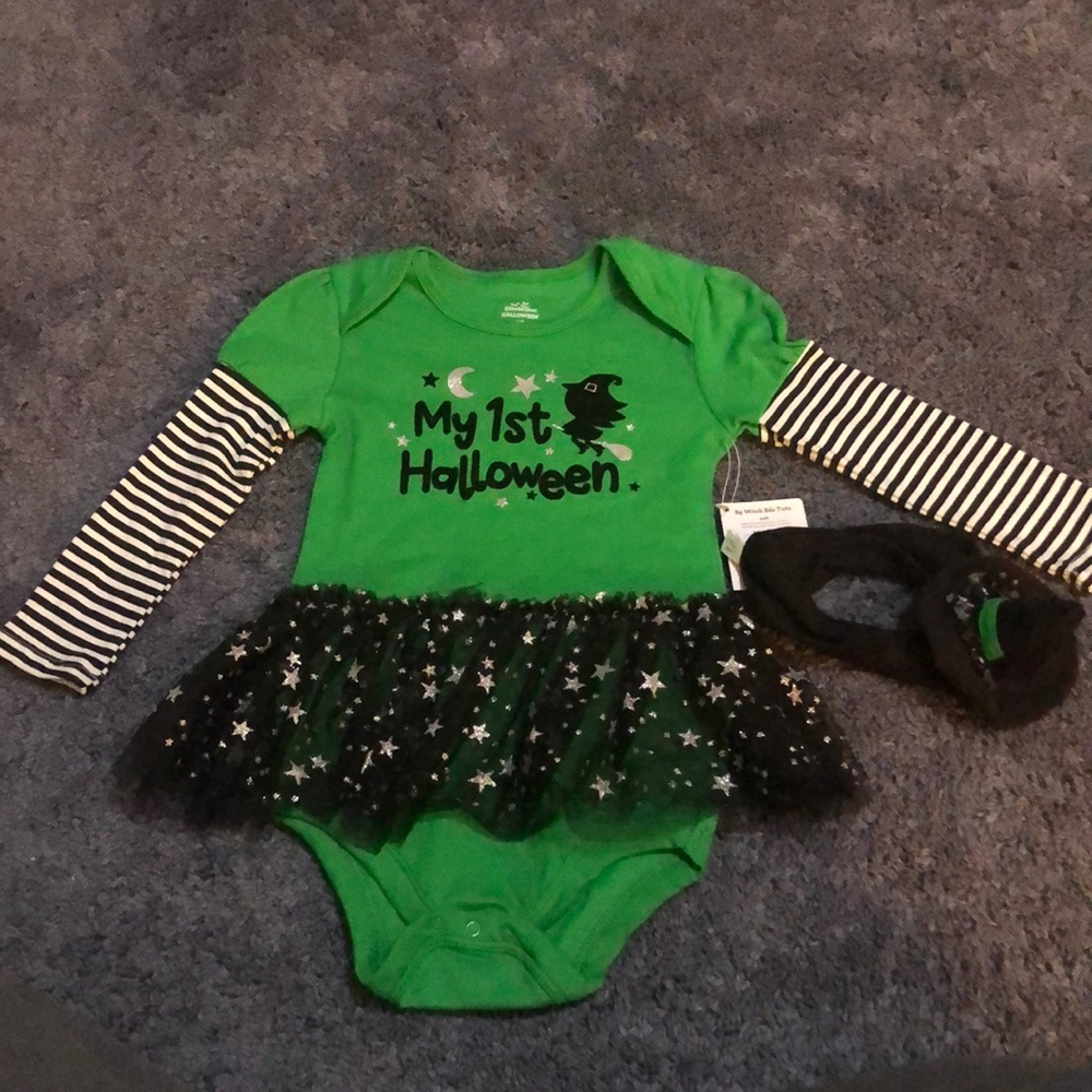 First Halloween onesie with a tutu and a matching witch hat headband